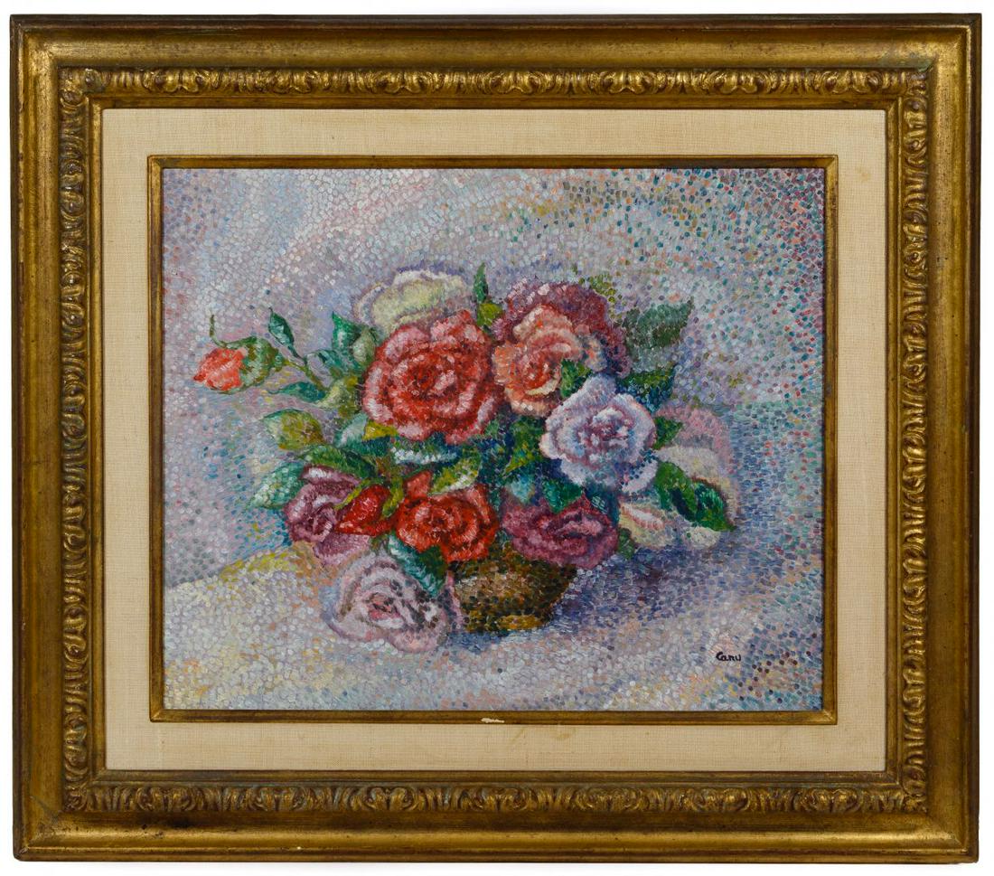 Yvonne Canu (French, 1921-2007) Oil on Masonite: Yvonne Canu (French, 1921-2007) Oil on Masonite Undated, signed lower right, depicting a floral still life in pointillist-style, in a gold tone wood frame with linen liner, Neikrug Galleries label en