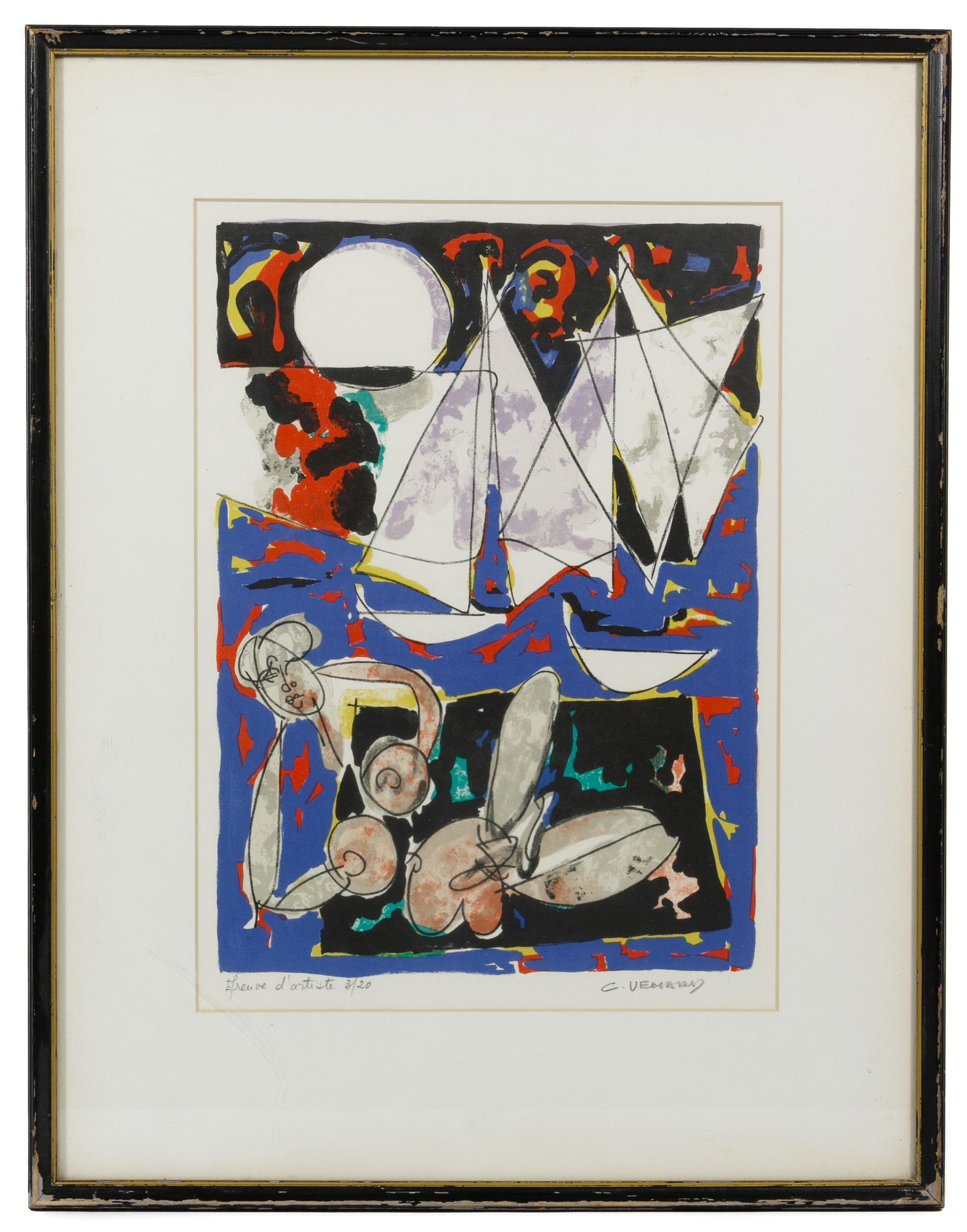 Claude Venard (French, 1913-1999) 'A La Plage': Claude Venard (French, 1913-1999) 'A La Plage' Lithograph Undated, signed lower right, 'Epreuve d'Artiste 3/20' lower left, depicting a reclining abstracted figure in the foreground and boats in the b