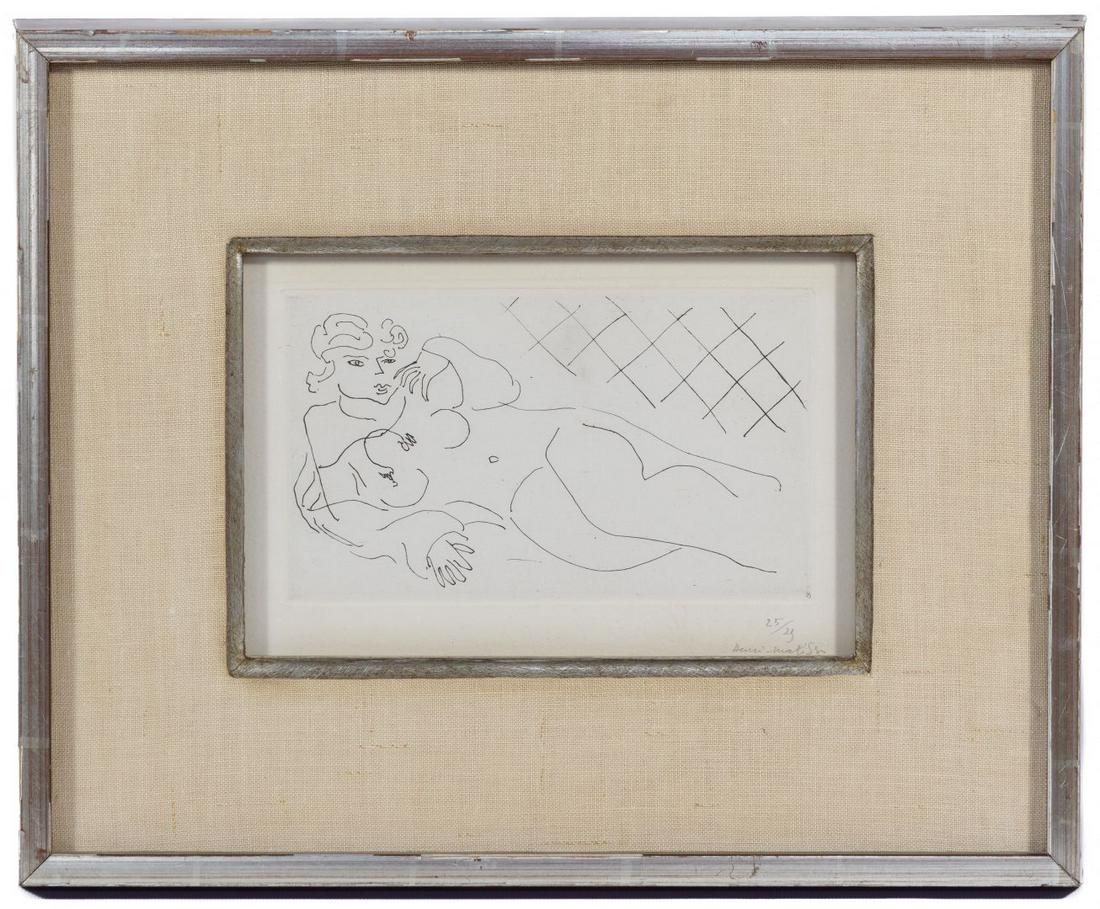 Henri Matisse (French, 1869-1954) Etching on Paper: Henri Matisse (French, 1869-1954) Etching on Paper Undated, signed lower right, possibly #25/25 lower right, depicting a reclining female nude, printed on white paper laid on ivory paper, 'Pl. 171' in