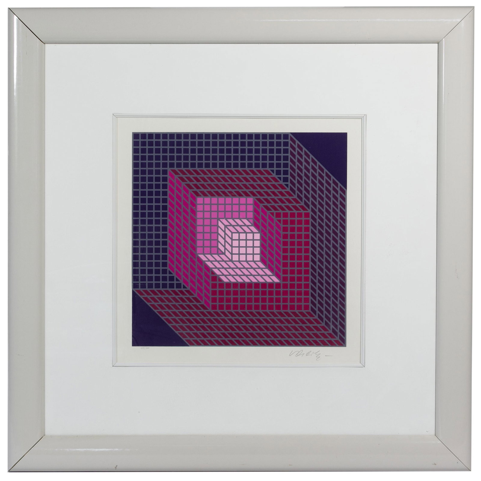 Victor Vasarely (Hungarian / French, 1906-1997): Victor Vasarely (Hungarian / French, 1906-1997) 'Axomett' Serigraph Undated, signed lower right, #277/300 lower left, depicting an abstract geometric composition in shades of purple, matted in a wood 