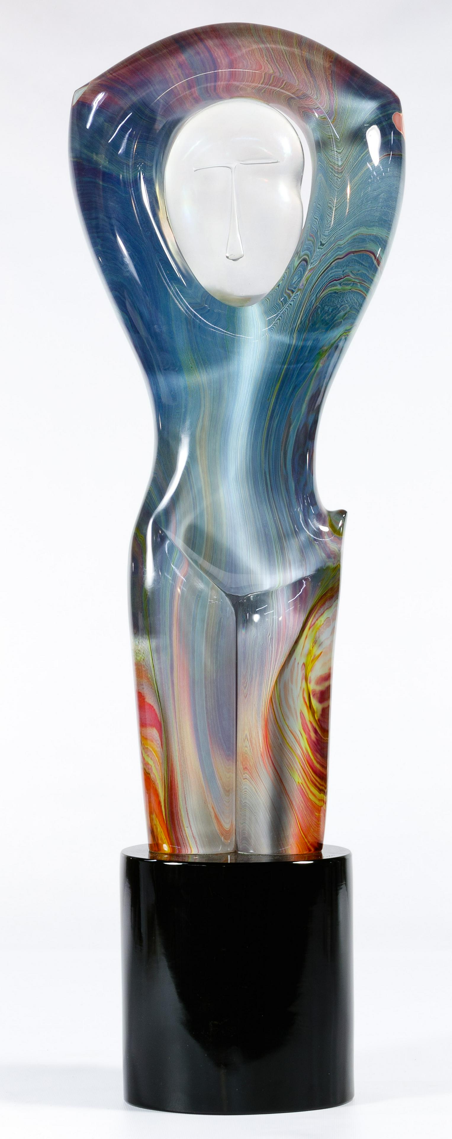 Dino Rosin (Italian, b.1948) 'Relax' Glass Sculpture: Dino Rosin (Italian, b.1948) 'Relax' Glass Sculpture c.1990, signed on base, depicting an abstracted figure in swirled pastel colors on a black glass base, from the artist's 'Relax' series; property f