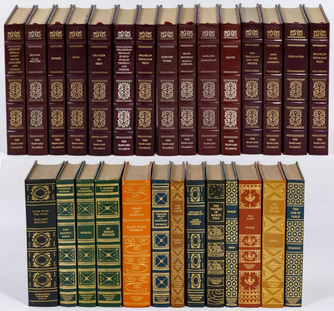 Leather Bound Book Assortment: Leather Bound Book Assortment Twenty eight leather bound, gold embossed books including (15) from 'The Harvard Classics' with examples of collected works entitled 'Homer', 'Franklin, Woolman, Penn', '