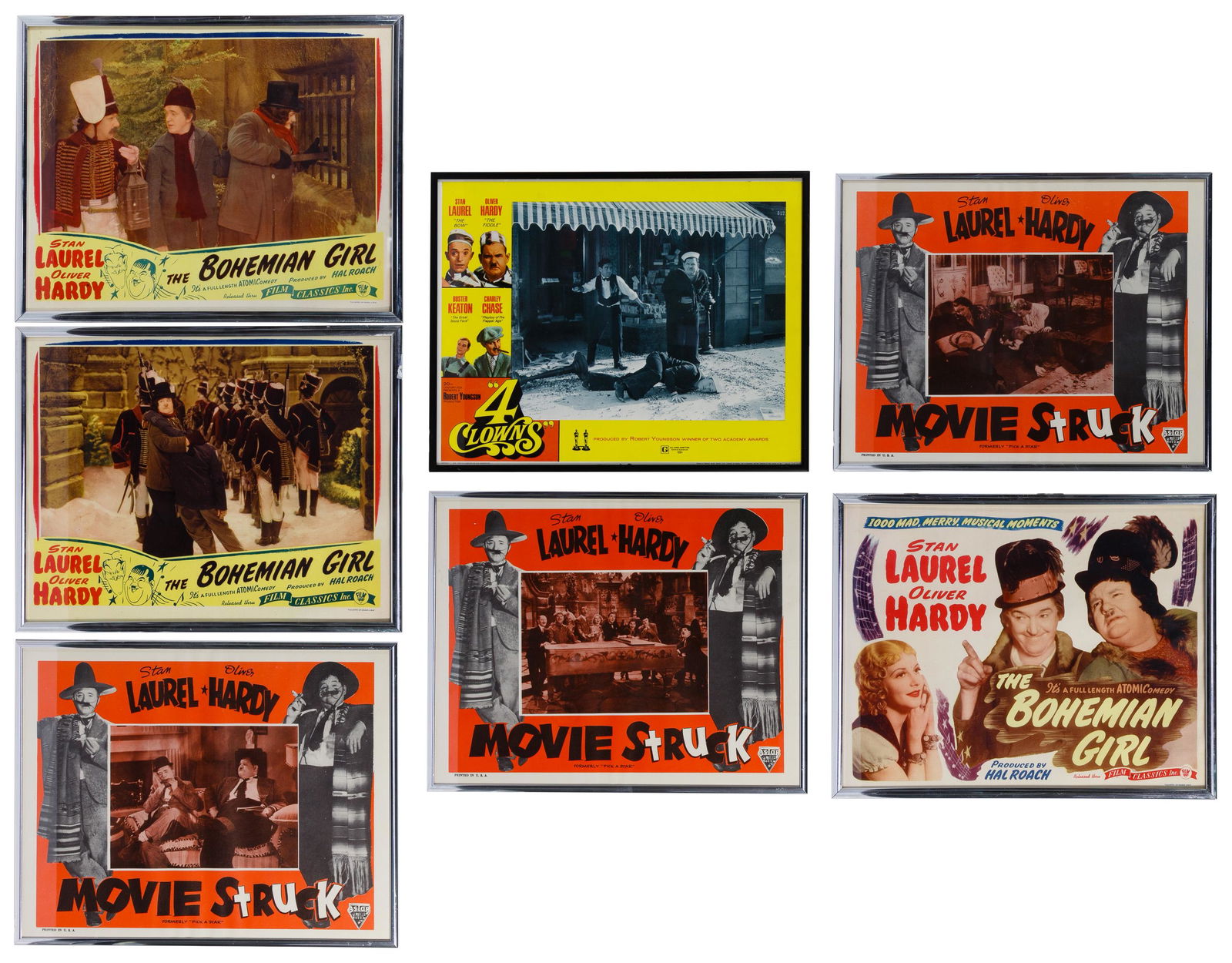 Laurel and Hardy Lobby Card Assortment: Laurel and Hardy Lobby Card Assortment Seven items including three cards for 'The Bohemian Girl', 1936; three cards for 'Movie Struck', 1954 reissue; and a card for '4 Clowns' 1970 documentary, #70/13