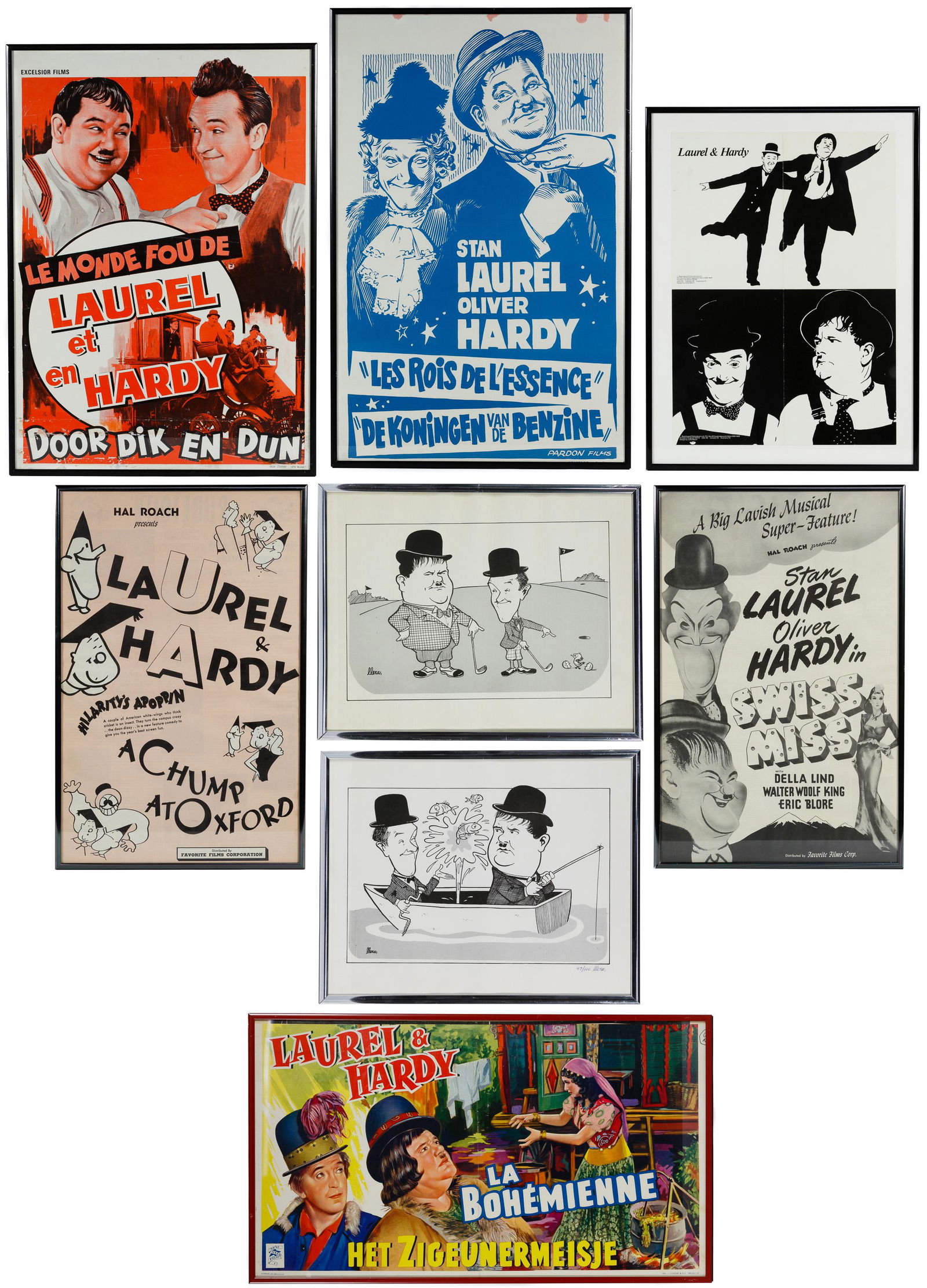 Laurel and Hardy Poster Assortment: Laurel and Hardy Poster Assortment Eight items including five movie posters 'Le Monde Fou De', 'La Bohemienne', 'Les Rois De L Essence', 'Swiss Miss', and 'A Chump at Oxford'; two illustration prints