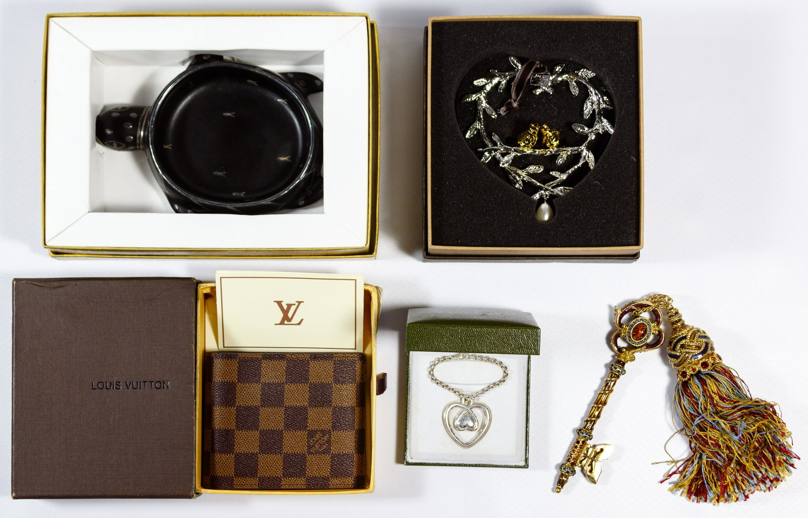 Jay Strongwater Accessory and Decorative Object Assort: Jay Strongwater Accessory and Decorative Object Assortment Five items most having original boxes including a Louis Vuitton Brown Damier Ebene billfold wallet having coated canvas, cowhide leather and 