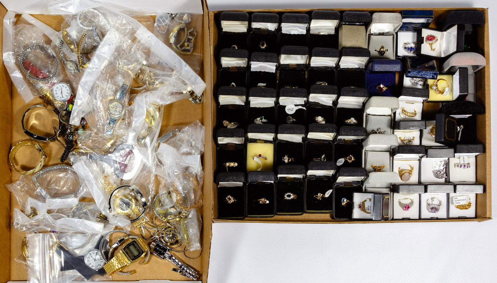 Costume Ring and Watch Assortment: Costume Ring and Watch Assortment Forty-four rings of various sizes and stones, all in boxes; and forty-three wrist watches including Timex, Elgin and Bulova and watch bands, most individually bagged 