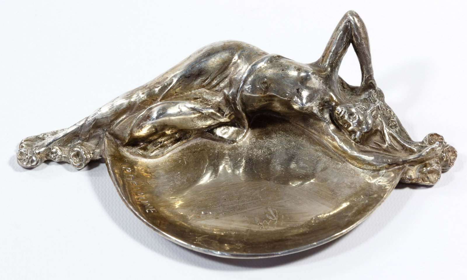 (After) P. Delaune Sterling Silver Presentation Dish: (After) P. Delaune Sterling Silver Presentation Dish Art Nouveau-style figural tray in the form of a reclining maiden; marked 'silver' on the base Condition: Very Good, overall light wear, moderate ta