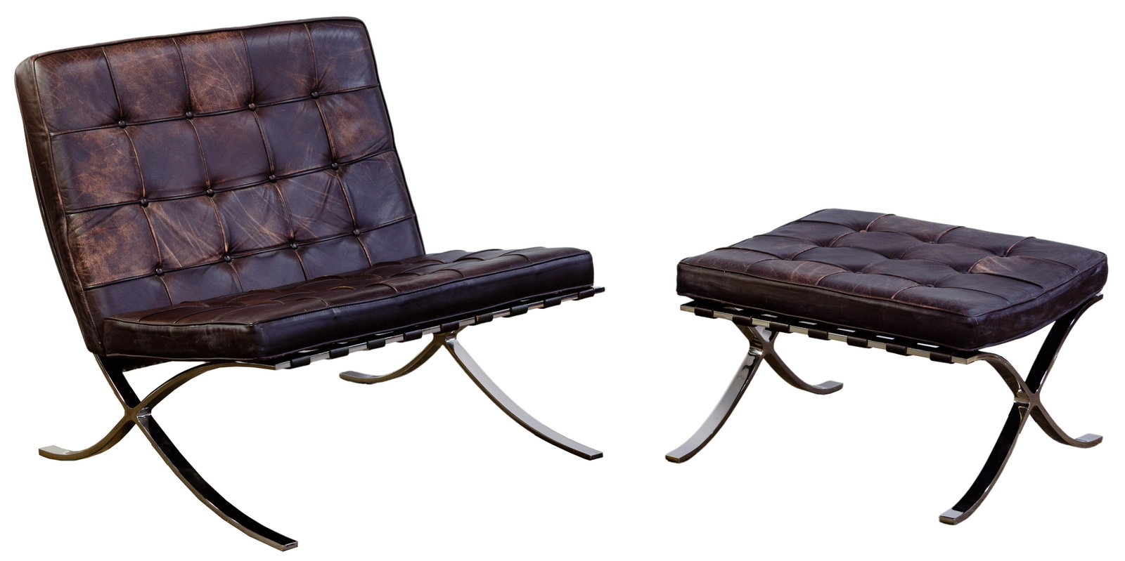 Mies van der Rohe for Knoll Barcelona Chair and Ottoman: Mies van der Rohe for Knoll Barcelona Chair and Ottoman Undated, unsigned, having button tufted brown leather zippered cushions, chrome on steel frame, ottoman measures 16-inches tall by 24.5-inches w