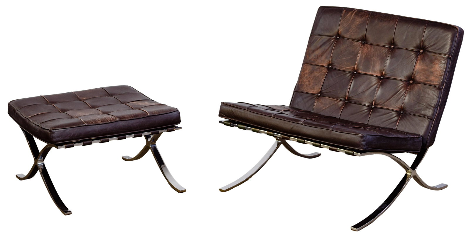 Mies van der Rohe for Knoll Barcelona Chair and Ottoman: Mies van der Rohe for Knoll Barcelona Chair and Ottoman Undated, unsigned, chair and ottoman having button tufted brown leather zippered cushions, chrome on steel frame, ottoman measures 16-inches tal