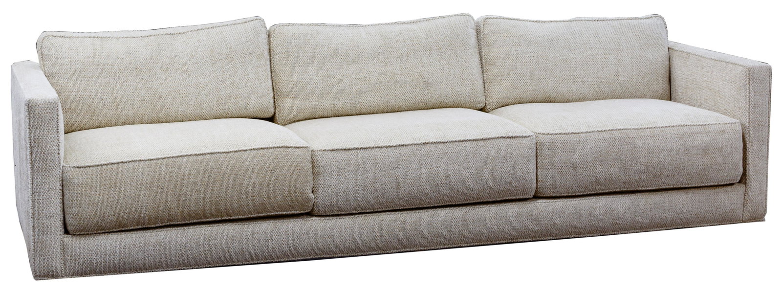(Attributed to) Edward Wormley for Dunbar Sofa: (Attributed to) Edward Wormley for Dunbar Sofa Having a low rectangular form with three removable and reversible back and seat cushions, upholstered in cream chenille having green, gold and wine threa
