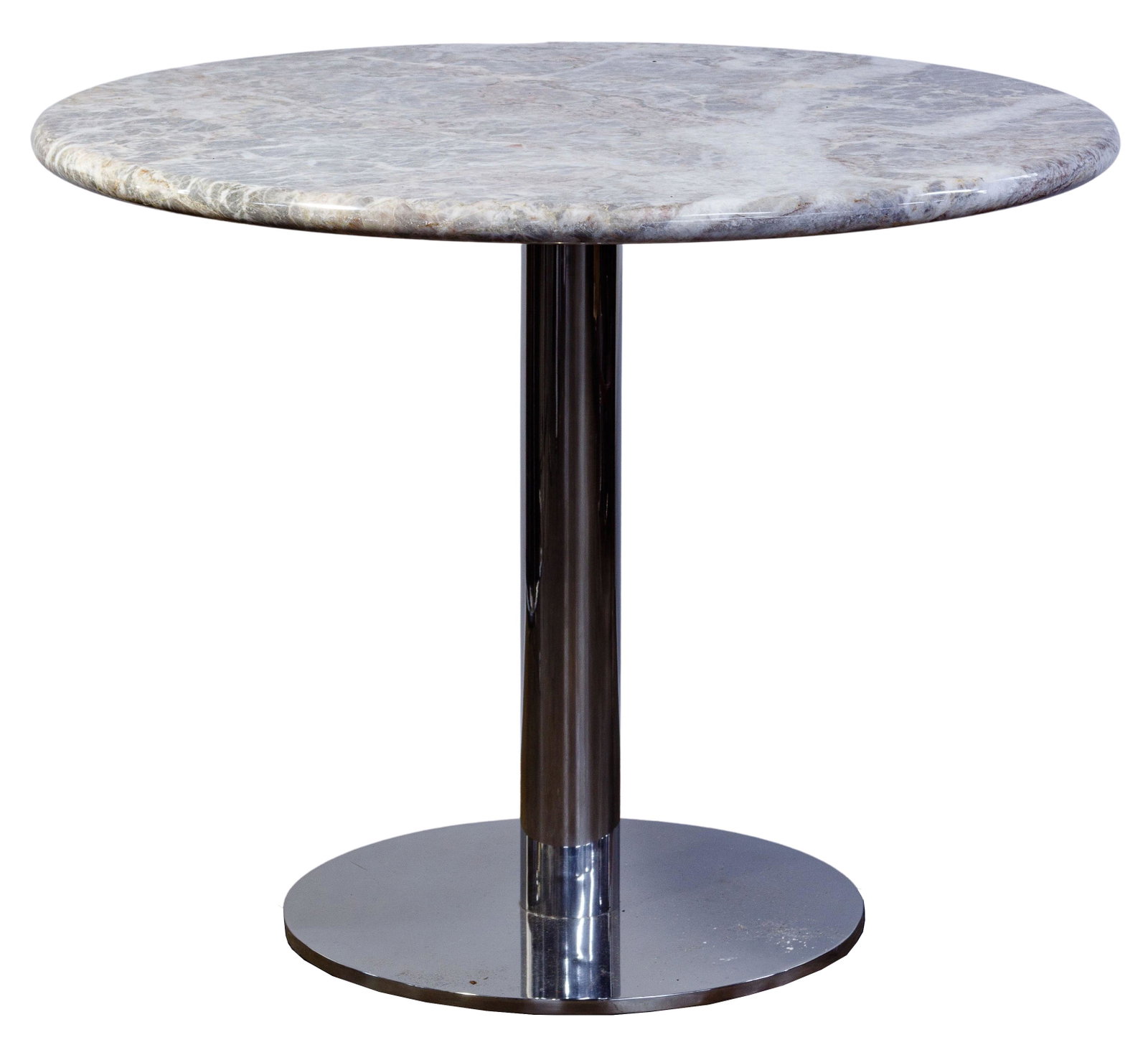 Marble and Chrome Base Cafe Table: Marble and Chrome Base Cafe Table Having a round 'Calcutta' marble top and a polished chrome pedestal base; provenance: John Hancock Residences, Apartment 8904, Chicago, Illinois; original owned by Wi