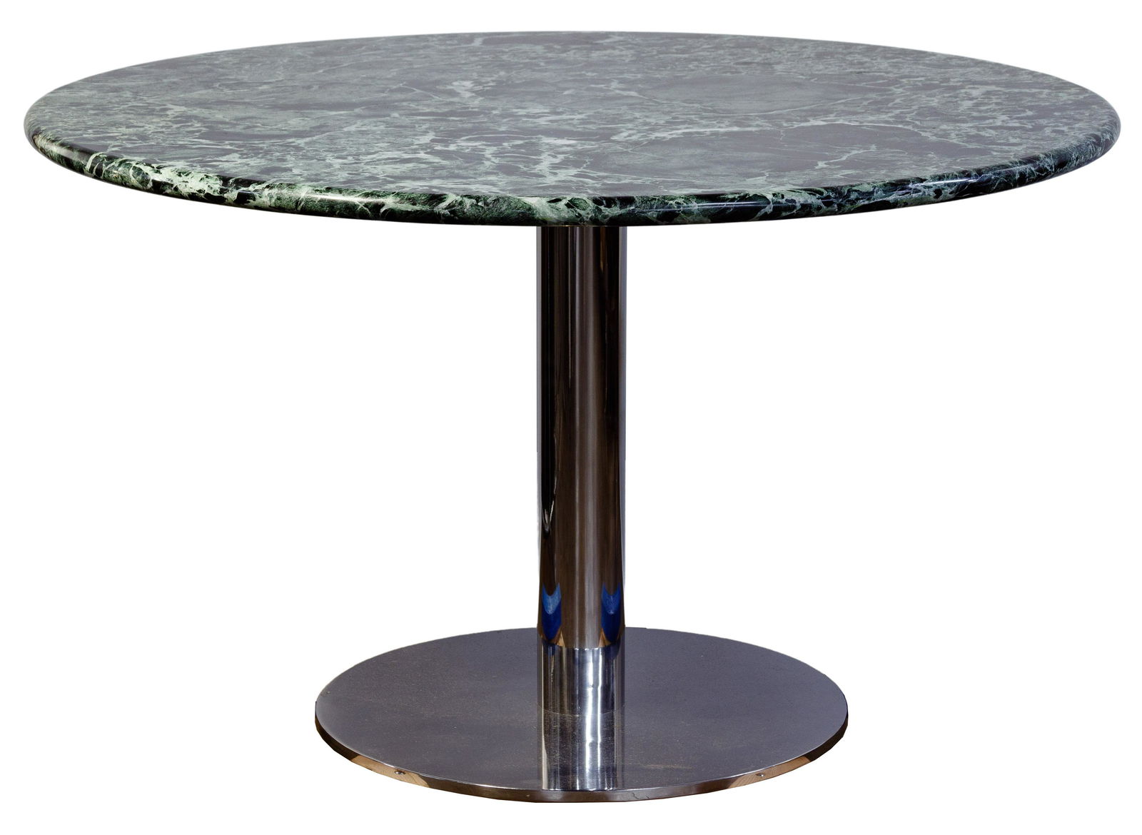 Marble and Chrome Base Dining Table: Marble and Chrome Base Dining Table Having a round 'Verde Alpi' color marble top and a polished chrome pedestal base; provenance: John Hancock Residences, Apartment 8904, Chicago, Illinois; original o