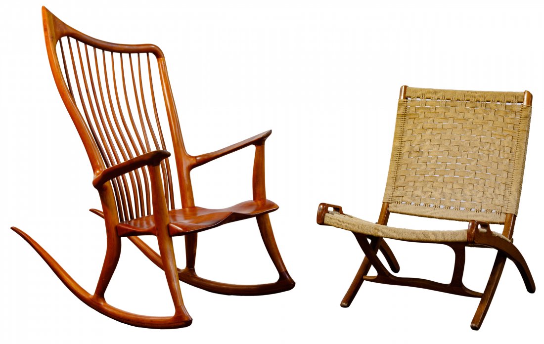 Dave Hentzel Rocking Chair and Danish Modern Style Fold: Dave Hentzel Rocking Chair and Danish Modern Style Folding Chair Two items including a walnut and maple rocking chair signed and dated 06/07/02 by Sam Maloof's apprentice Dave Hentzel on underside of 