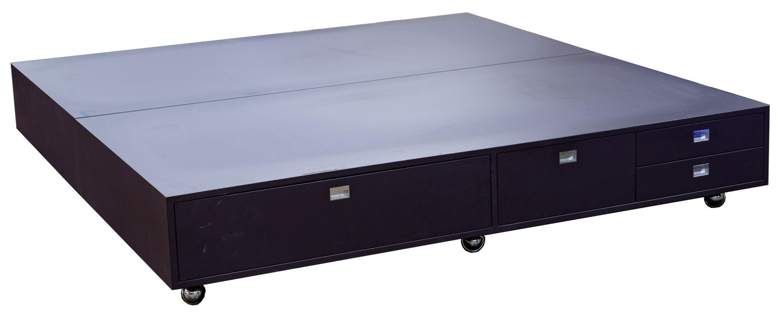 Platform Bed Frames with Storage: Platform Bed Frames with Storage A like pair in a matte black finish having four drawers underneath and casters, can be used as single or pushed together for king size mattress; from the John Hancock