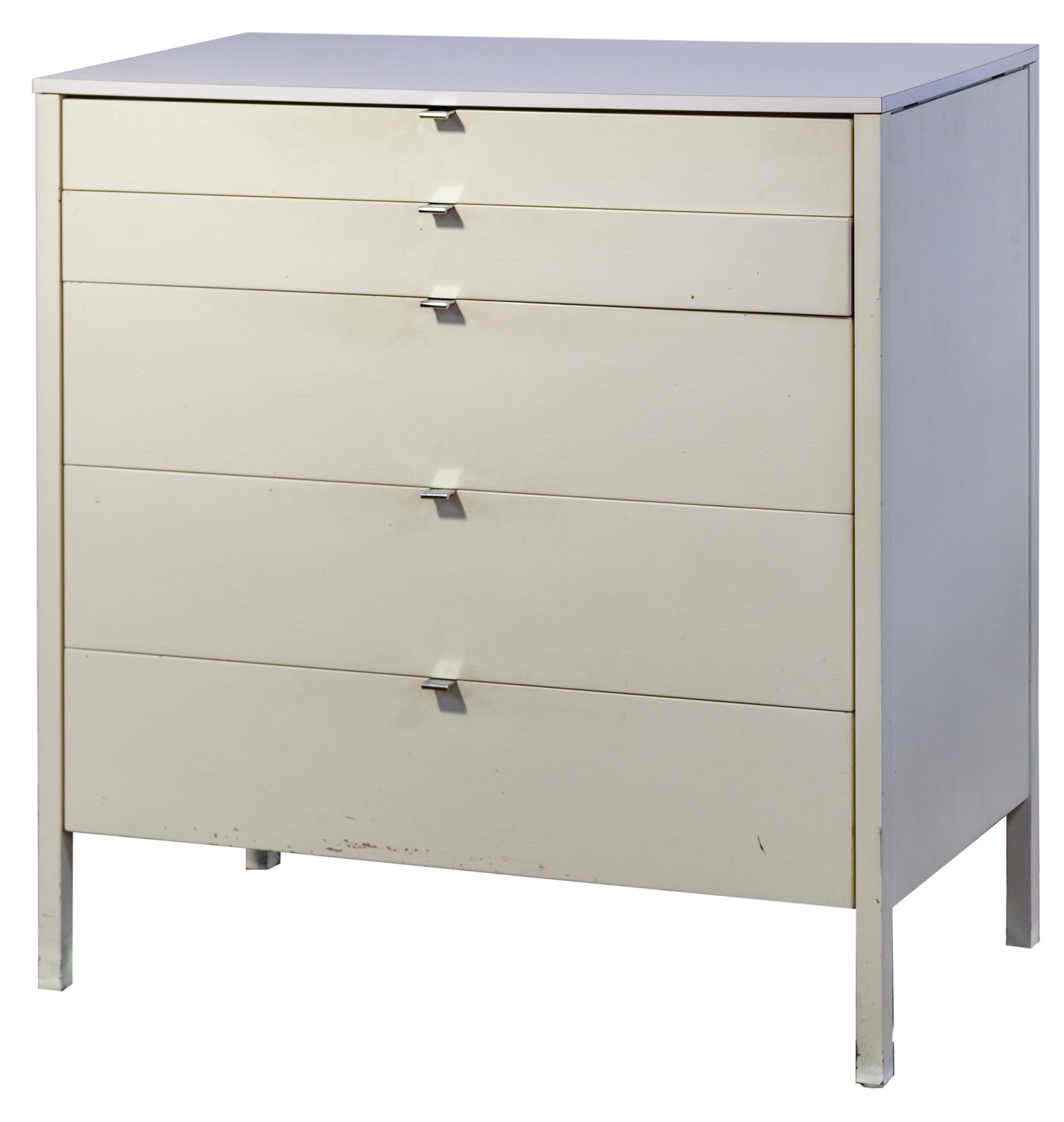Modern White Dresser: Modern White Dresser Laminate veneer, (5) drawers having chrome pulls; from the John Hancock Residences, Apartment 8904, Chicago, Illinois; Gordon Wildermuth, partner, Skidmore, Owings & Merrill Condi