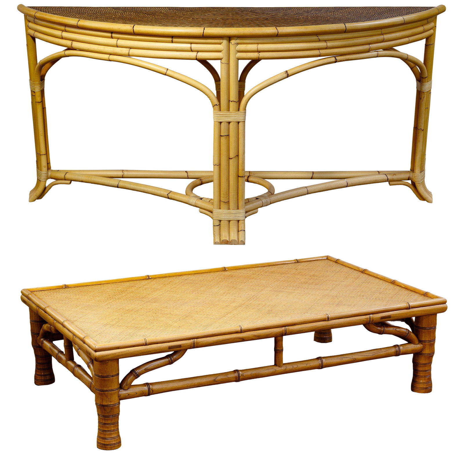 Chinese Elmwood Coffee Table and Bamboo Console: Chinese Elmwood Coffee Table and Bamboo Console (2) items including a Charles Jacobsen coffee table measuring 16-inches tall by 60-inches wide by 36-inches deep having an elmwood frame carved to resem