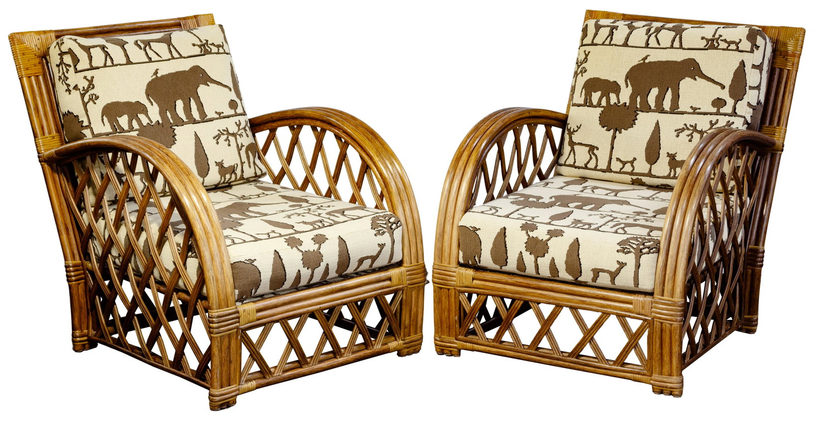 Bielecky R8600 Lounge Chairs: Bielecky R8600 Lounge Chairs 1993, bent rattan armed lounge chairs, loose cushions covered with Clarence House brown and cream safari fabric; purchased from Carol Wolk Interiors, Glencoe, Illinois Con