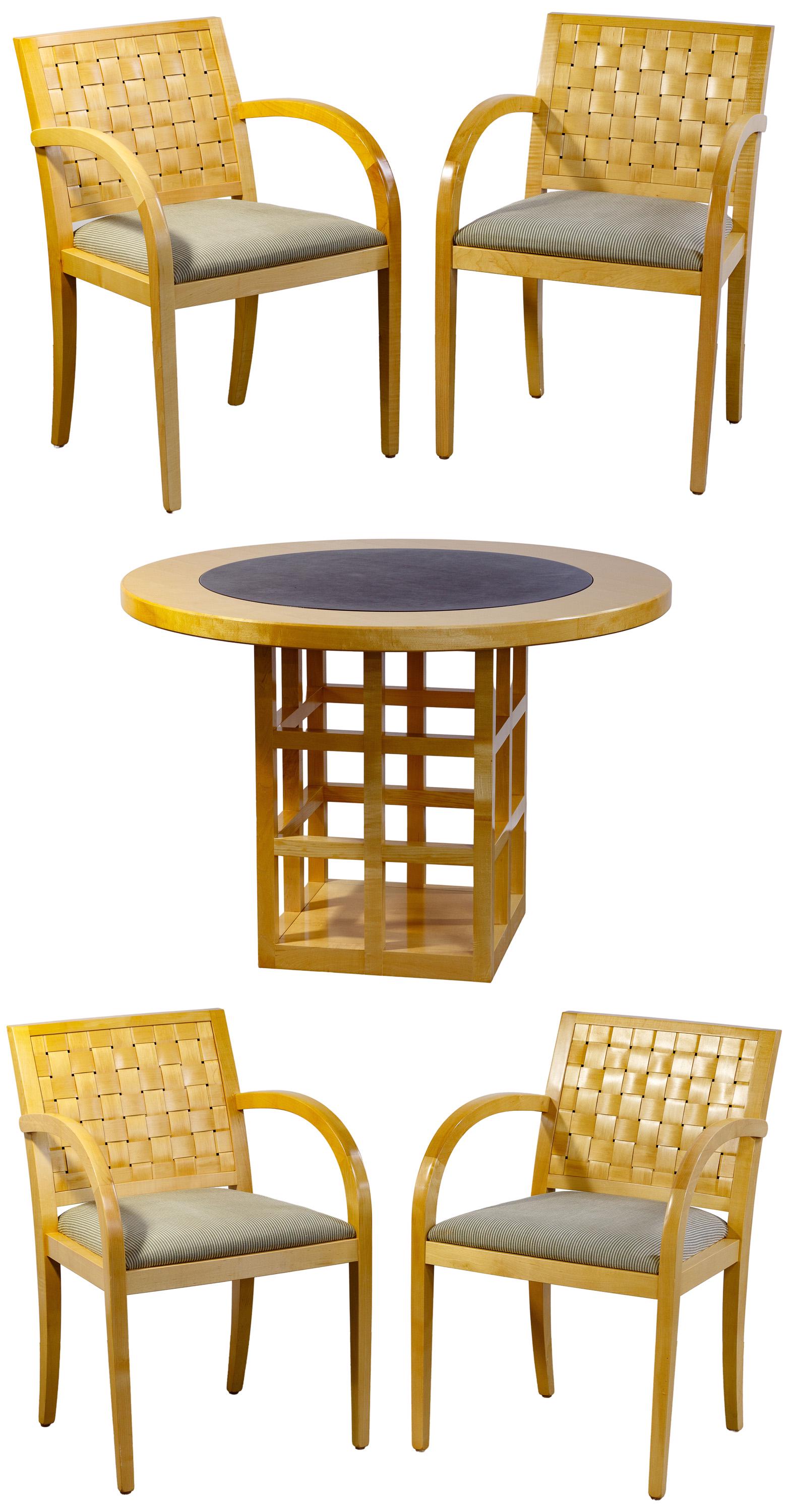 Geiger Table and Chair Set: Geiger Table and Chair Set (5) items including an unmarked round wood table having a black leather insert with a four-sided open box pedestal and four wood arm chairs having green and beige striped se