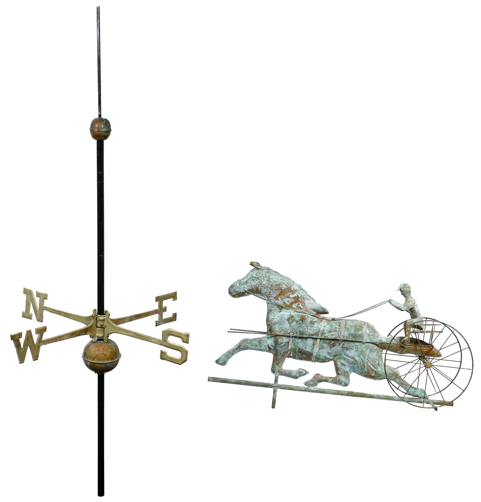 Copper Trotting Horse Weathervane: Copper Trotting Horse Weathervane Sulky driver and directional pole; horse and jockey having green patina overall; from a Lake Forest, Illinois estate Condition: Very Good, no damage noted; overall li