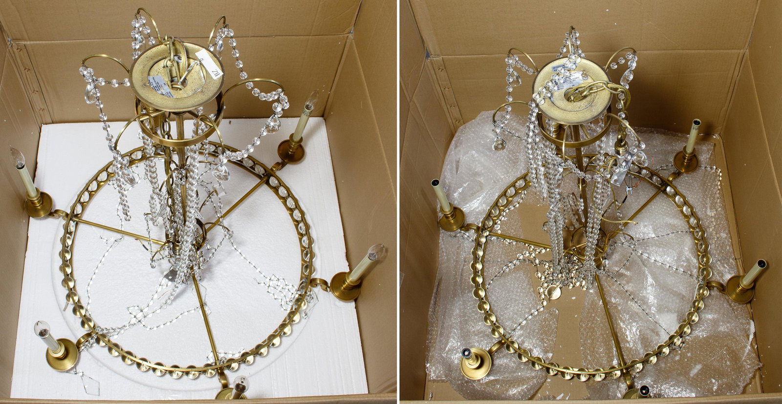 Bronze and Crystal Chandeliers: Bronze and Crystal Chandeliers Like pair having a rubbed finish, 6 candelabras, draped in crystal ball strings and maple leaf cut crystals encircled by crystal balls encased in a brass ring; from an O