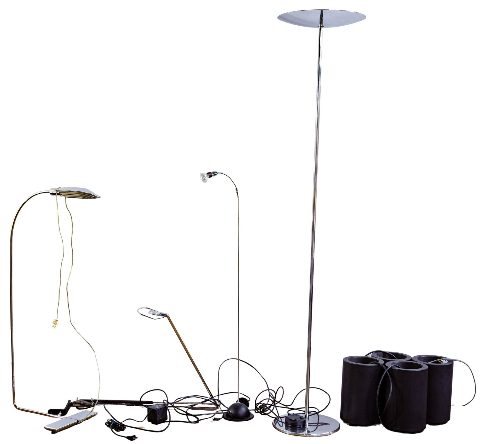 Cedric Hartman Floor and Chrome Lamp Assortment: Cedric Hartman Floor and Chrome Lamp Assortment Eight items including a stamped on underside of base 'Cedric Hartman' adjustable floor lamp in thin polished chrome framing, one pivot point and weighte