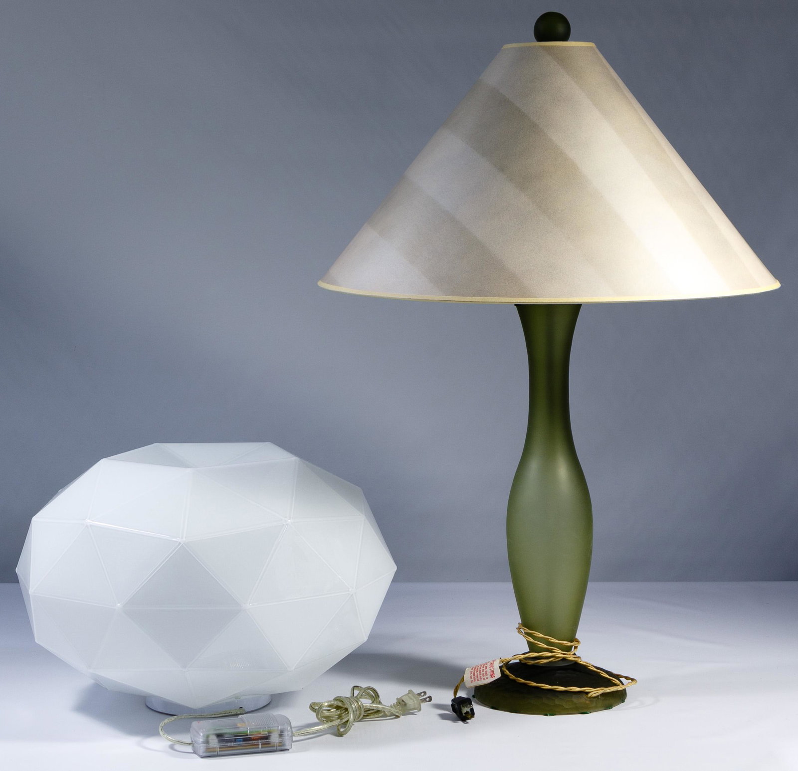 Vaso Sonneman and Michael DeLucchi Glass Lamps: Vaso Sonneman and Michael DeLucchi Glass Lamps 1995, Vaso table, green sage glass having conical paper shade, laminated in Donghia textile verona having opaque liner (21-inch diameter by 11-inch heigh