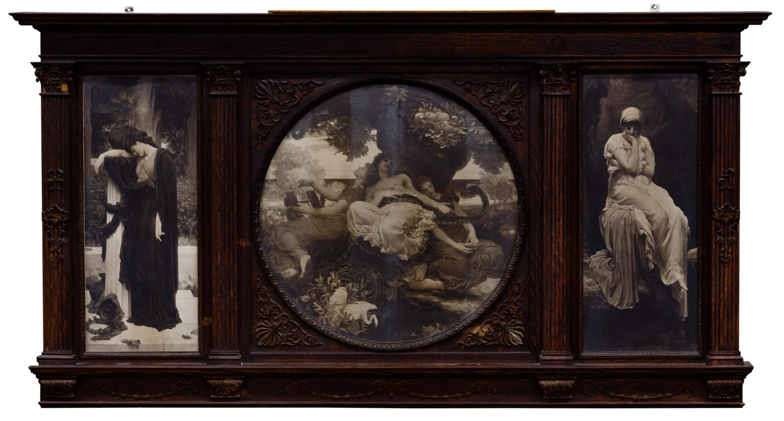Victorian Triptych Mantel Decoration: Victorian Triptych Mantel Decoration c.1900, neoclassical-style carved mahogany-stained wood and plaster mantel / wall hanging, having three panels each housing a reproduction lithograph after Frederi