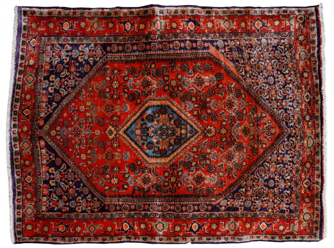 Persian Area Rug Assortment: Persian Area Rug Assortment Three items including an orange, black and brown abstract runner, a blue and red abstract with four boarders and a orange and blue abstract Condition: Good, overall moderat
