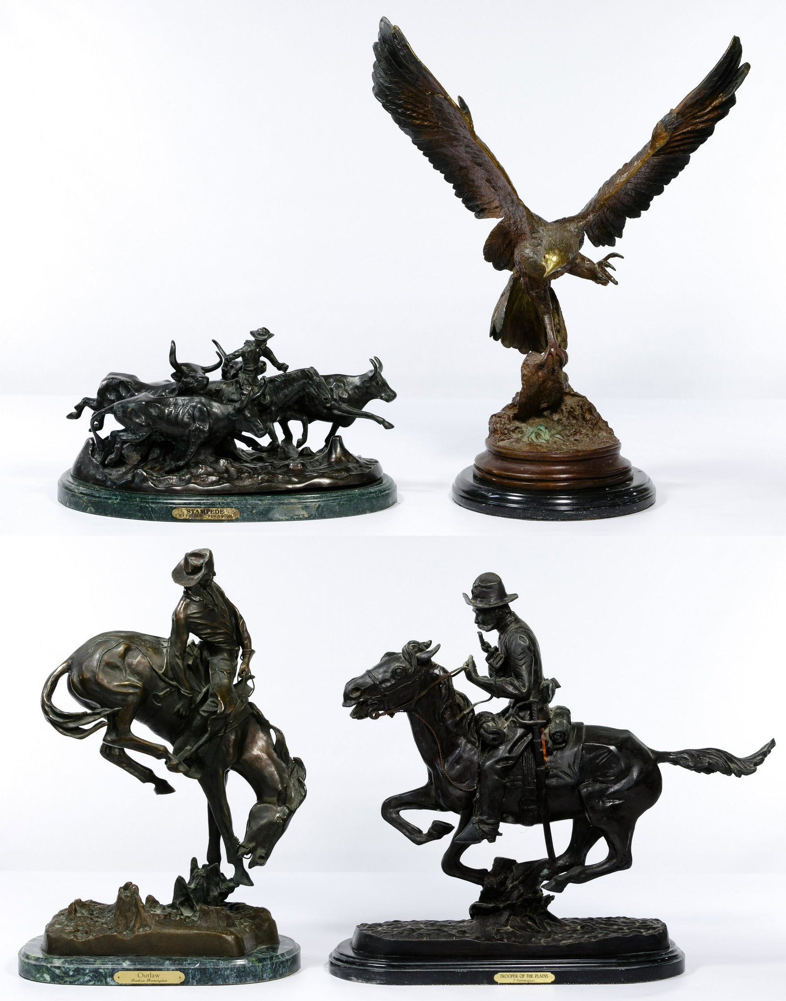 (After) Frederic Remington (American, 1861-1909) Bronze: (After) Frederic Remington (American, 1861-1909) Bronze Statue Assortment Four items includng three by Remington being 'Trooper of the Plains', 'Outlaw' and 'Stampede', all signed as Remington on base