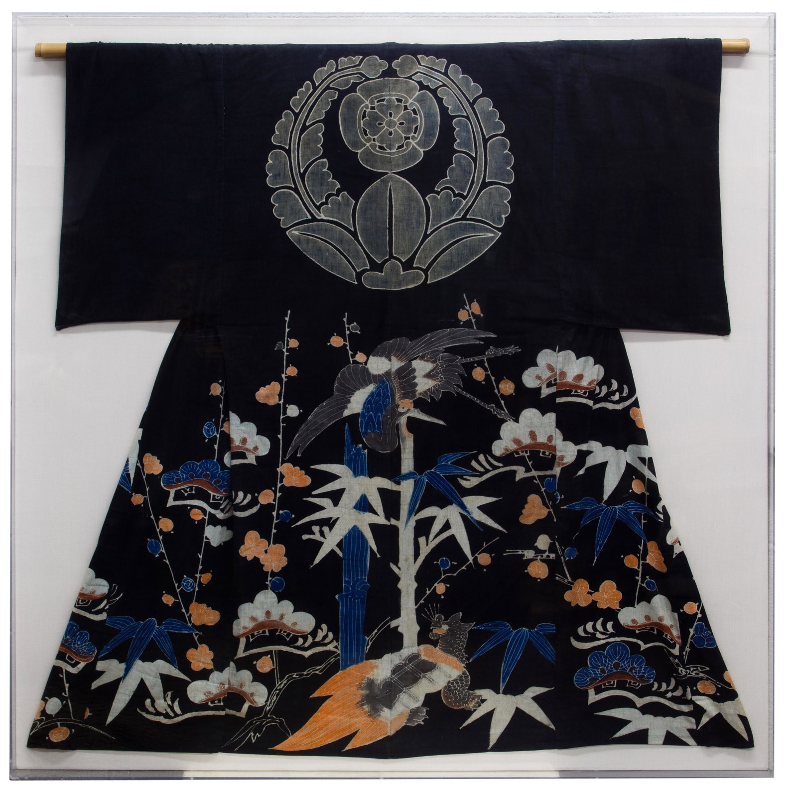Asian Framed Linen Kimono: Asian Framed Linen Kimono Dyed linen kimono in tones of blue, grey and peach having a botanical motif, mounted across a bamboo rod atop white linen in a plexiglass shadow box; from the John Hancock Re