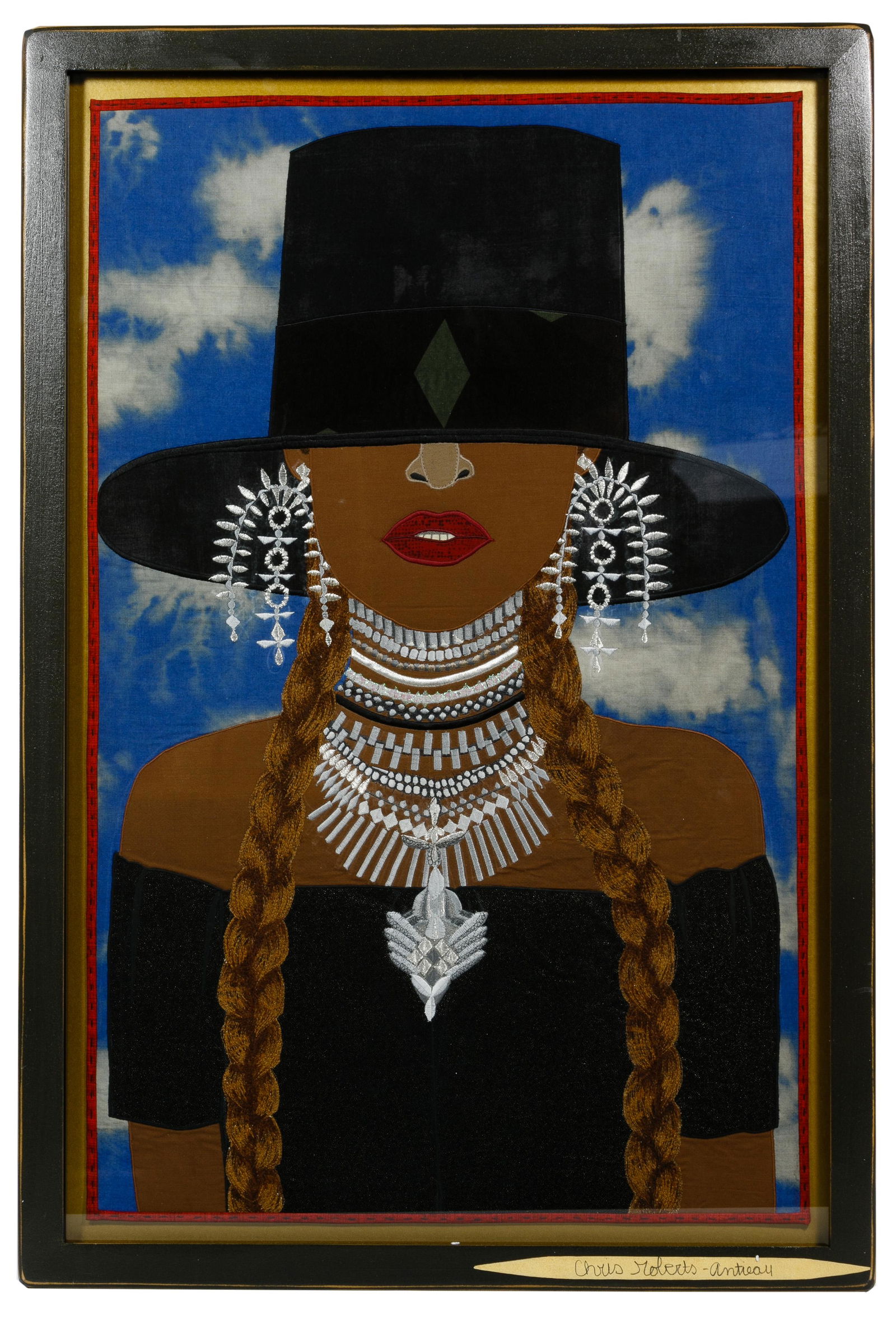 Chris Roberts-Antieau (American, b.1950): Chris Roberts-Antieau (American, b.1950) 'Beyonce' Tapestry 2017, signed on frame lower right, depicting singer in appliqued and embroidered fabric, mounted floating in artist wood frame under acrylic