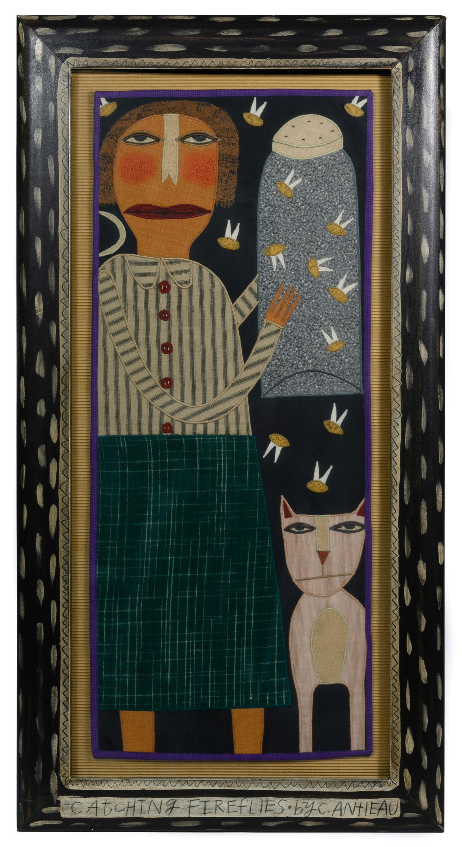 Chris Roberts-Antieau (American, b.1950): Chris Roberts-Antieau (American, b.1950) 'Catching Fireflies' Tapestry Undated, signed on frame lower right, depicting a female figure and a cat surrounded by fireflies, mounted floating under glass i