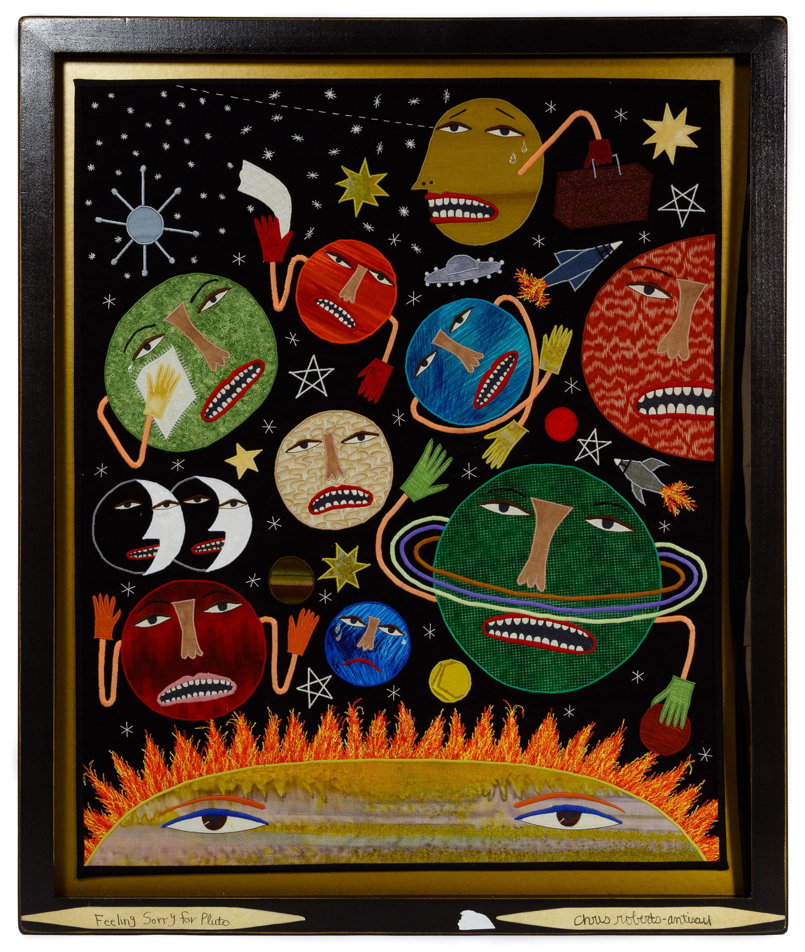Chris Roberts-Antieau (American, b.1950): Chris Roberts-Antieau (American, b.1950) 'Feeling Sorry for Pluto' Tapestry 2017, signed lower right, depicting planets feeling sorry for Pluto, black frame, gallery sticker en verso; provenance: Anti