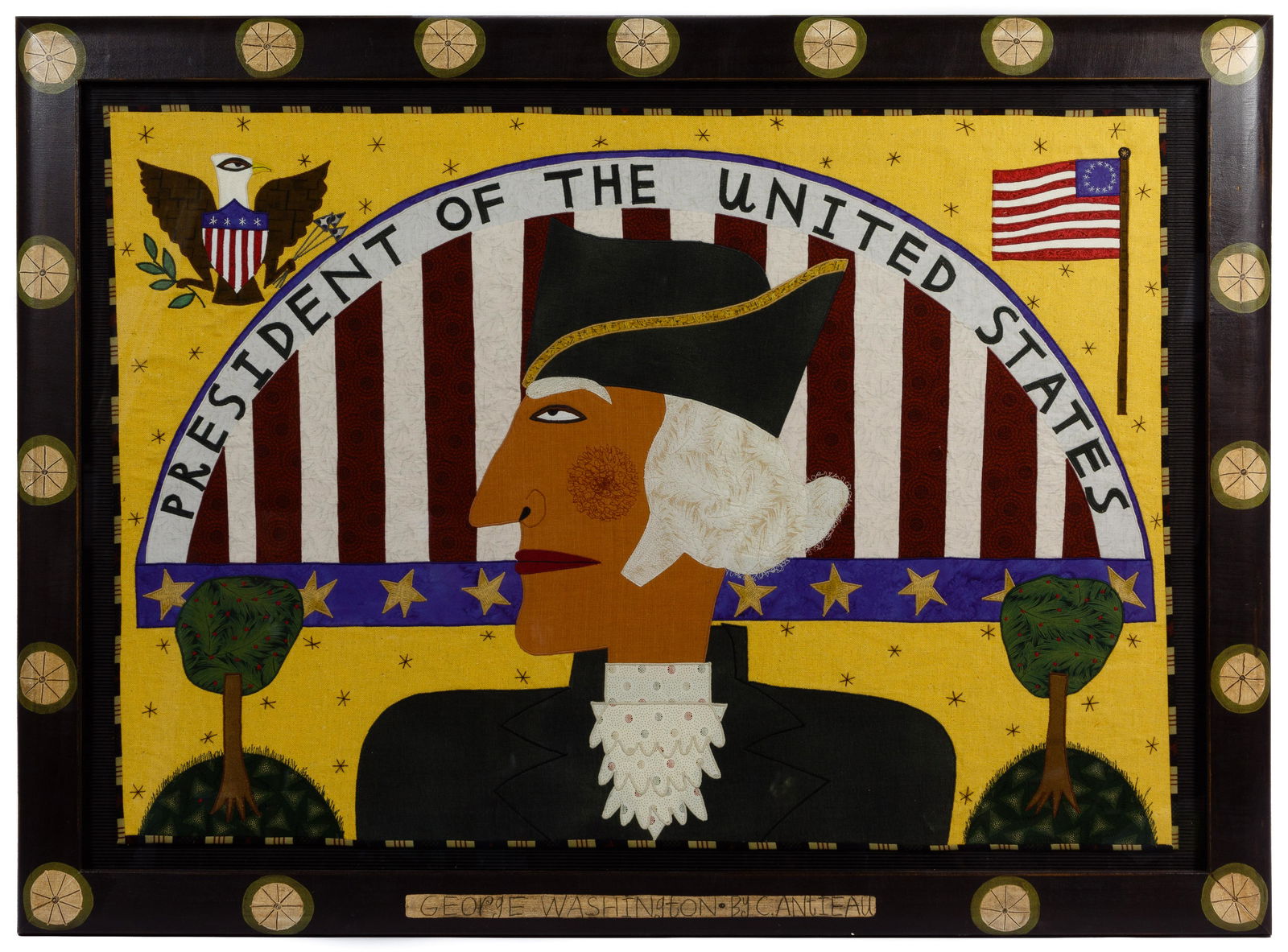 Chris Roberts-Antieau (American, b.1950): Chris Roberts-Antieau (American, b.1950) 'George Washington' Tapestry 2002, signed lower right on frame, depicting George Washington flanked by trees, American flags and an eagle, framed under glass i