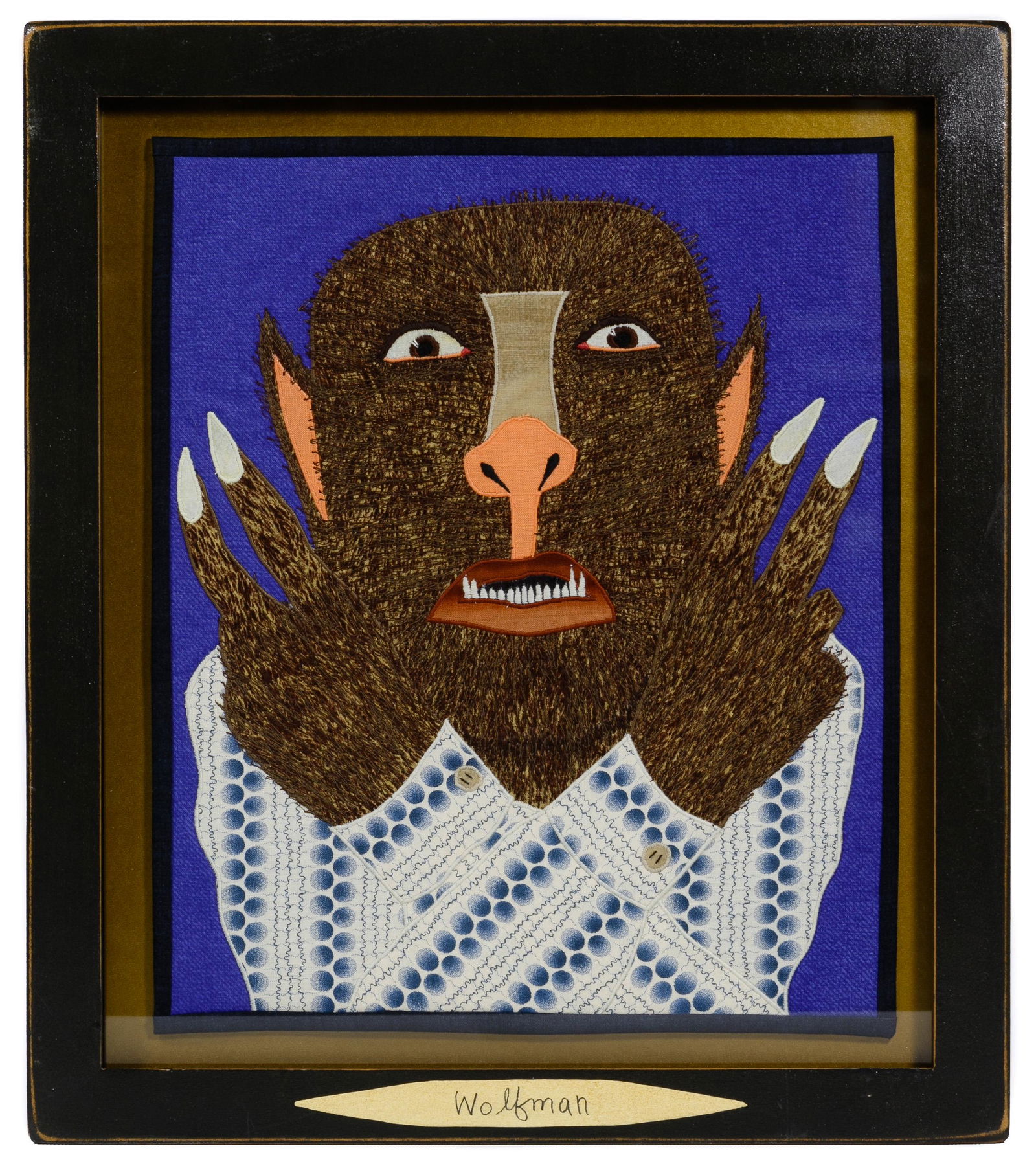 Chris Roberts-Antieau (American, b.1950): Chris Roberts-Antieau (American, b.1950) 'Wolfman' Tapestry 2017, unsigned, depicting a man with a wolf face and hands, framed under glass in a black frame, gallery sticker en verso; provenance: Antie