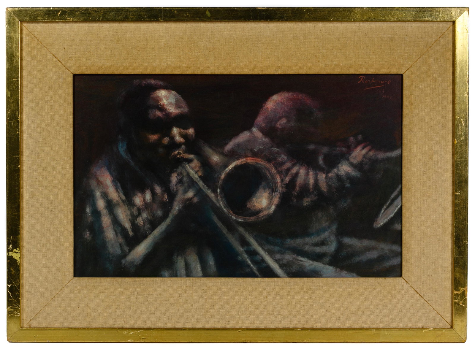 Noel Rockmore (American, 1928-1995) Oil on Panel: Noel Rockmore (American, 1928-1995) Oil on Panel 1963, signed upper right, depicting jazz greats Tim Robinson on trombone and Percy Humphrey on trumpet, presented in a simple gold frame with linen mat