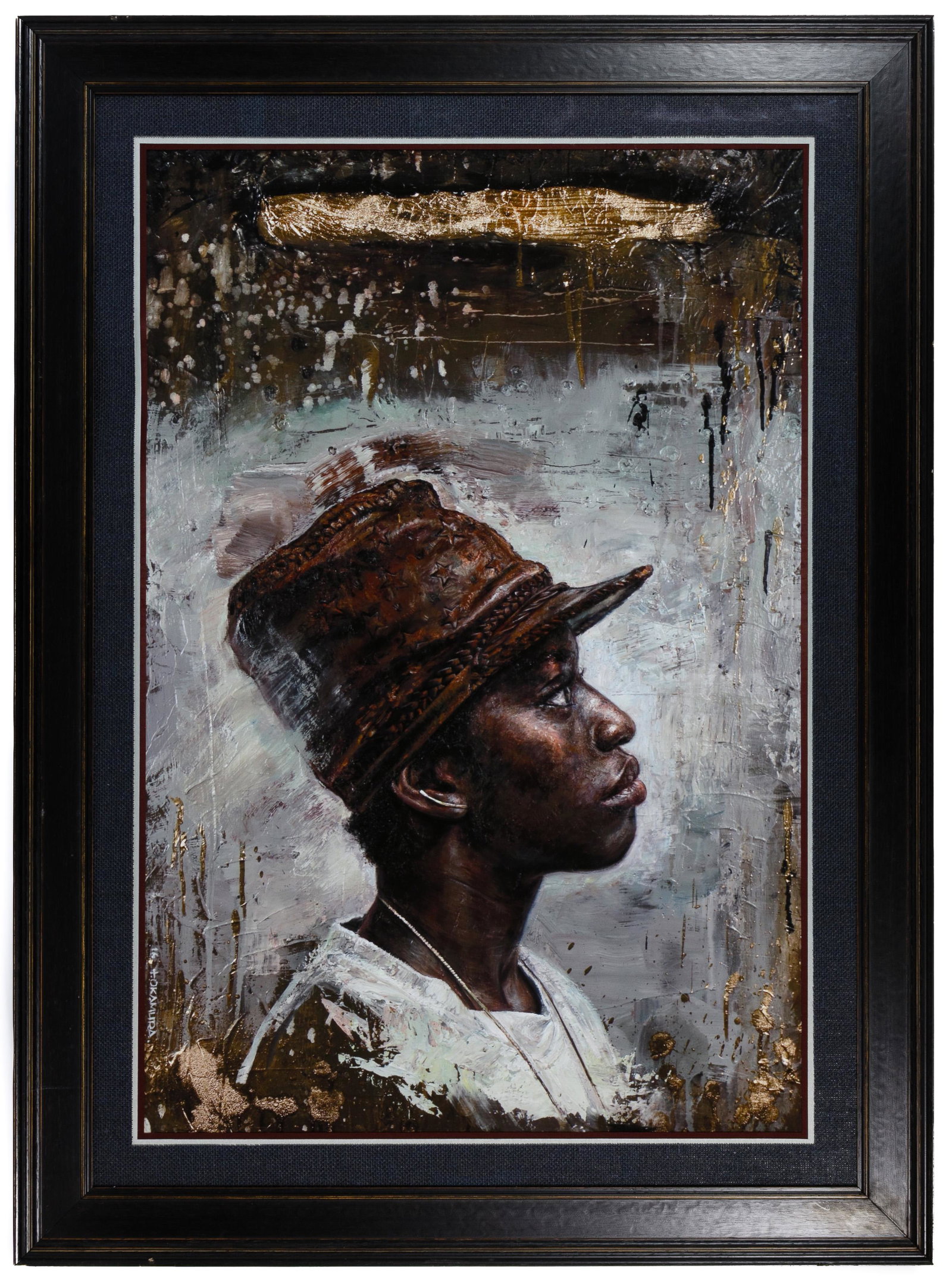 Tim Okamura (Canadian, b.1968): Tim Okamura (Canadian, b.1968) 'Gold Vein' Giclee Reproduction Print 2016, printed signature lower left, depicting the face of a young woman wearing a hat in profile, matted and framed under glass; fr