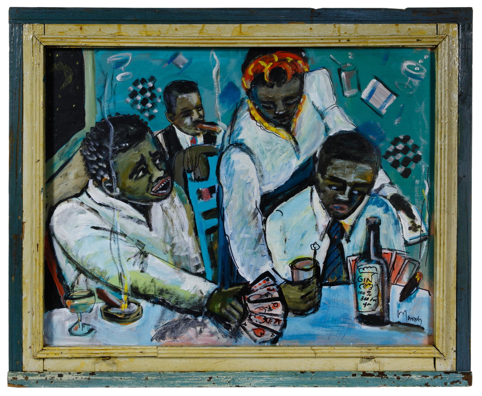 Wayne Manns (American, 20th Century): Wayne Manns (American, 20th Century) 'Cheatin' M... at the Card Table' Acrylic and Found Objects on Panel 2017, signed lower right and en verso, depicting an interior scene of a card game, in artist's