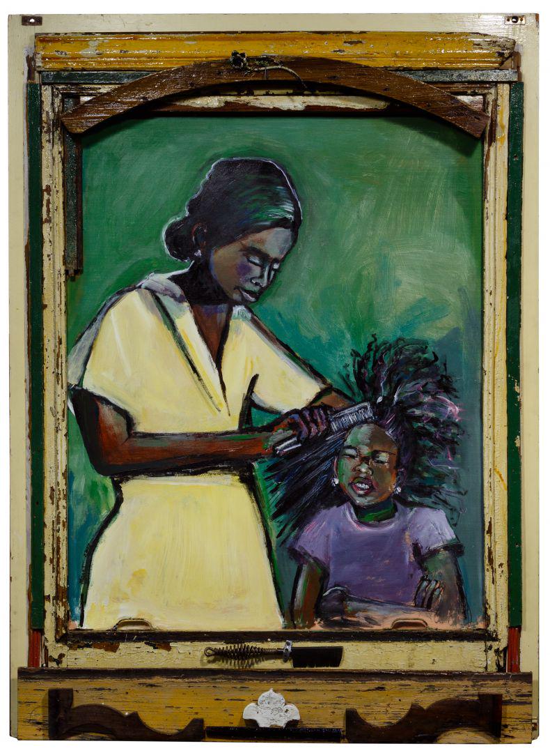 Wayne Manns (American, 20th Century): Wayne Manns (American, 20th Century) 'Mother and Daughter' Acrylic and Found Objects on Panel 2017, signed lower left, titled and signed en verso, depicting a mother brushing her daughter's hair; from