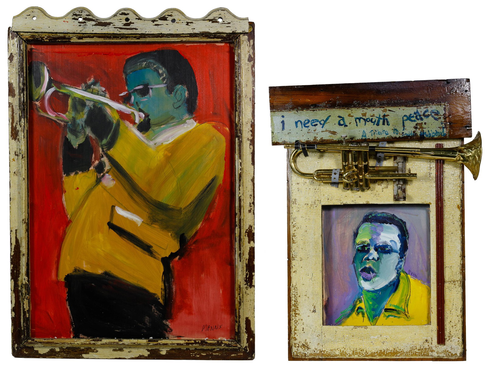 Wayne Manns (American, 20th Century): Wayne Manns (American, 20th Century) 'The Man with the Horn' Acrylic and Found Objects on Panel Undated, signed lower right, depicting a trumpet player, framed using material salvaged from New Orleans