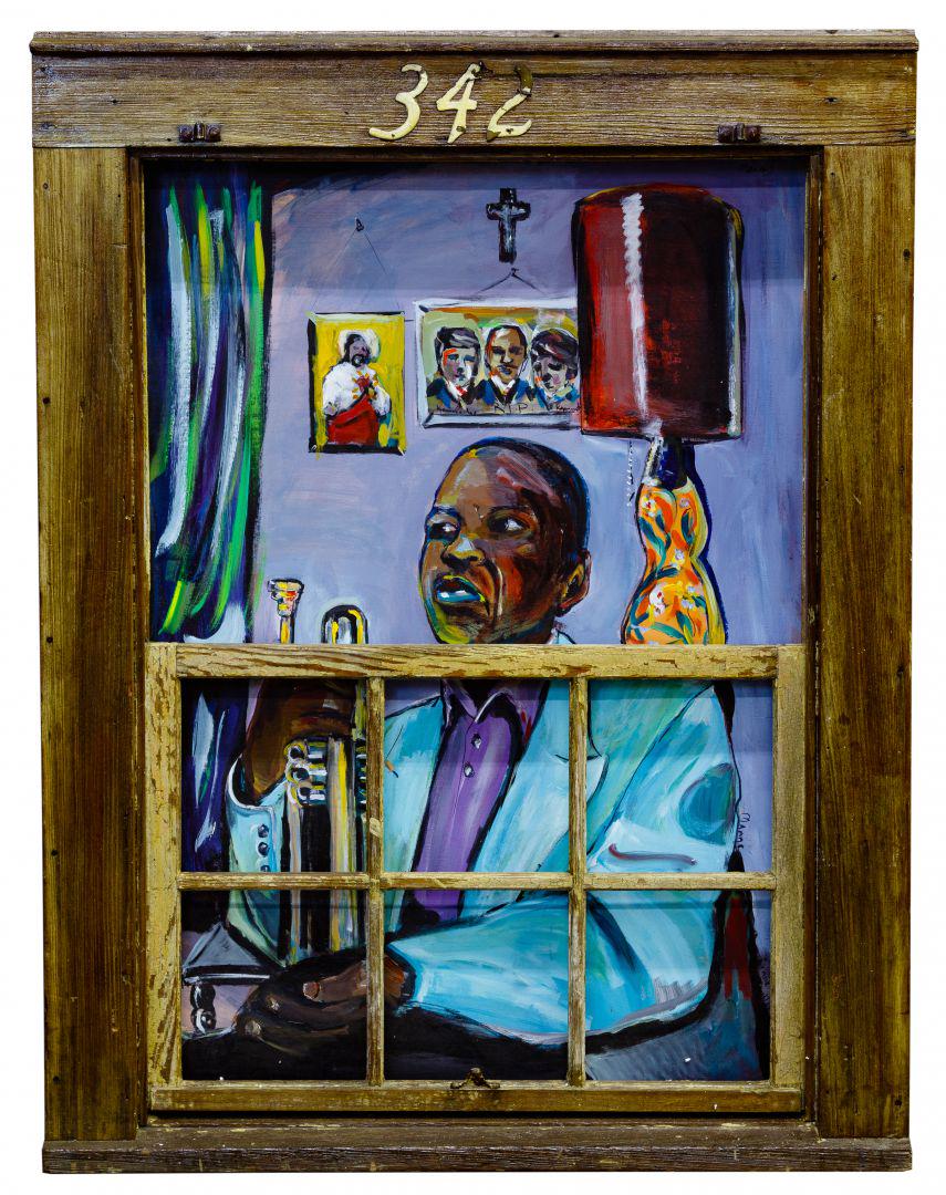 Wayne Manns (American, 20th Century): Wayne Manns (American, 20th Century) 'This Song is You' Acrylic and Found Objects on Panel 2015, signed lower right and en verso, depicting a seated male figure holding a trumpet, behind and framed by