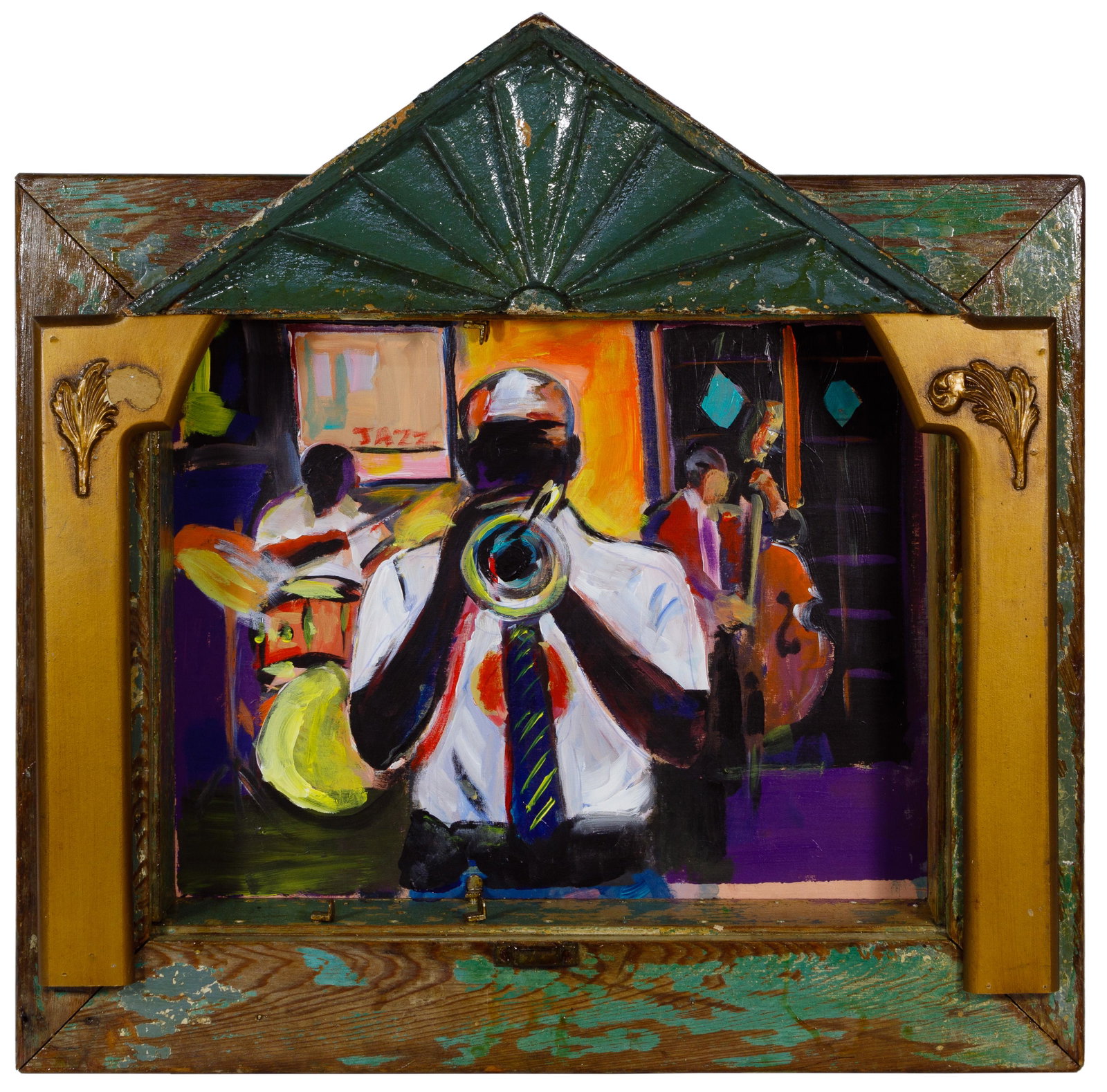 Wayne Manns (American, 20th Century): Wayne Manns (American, 20th Century) 'Trumpet Player' Acrylic and Found Objects on Panel 2017, signed en verso, scene of a jazz band featuring a trumpet player, framed using New Orleans old wooden arc