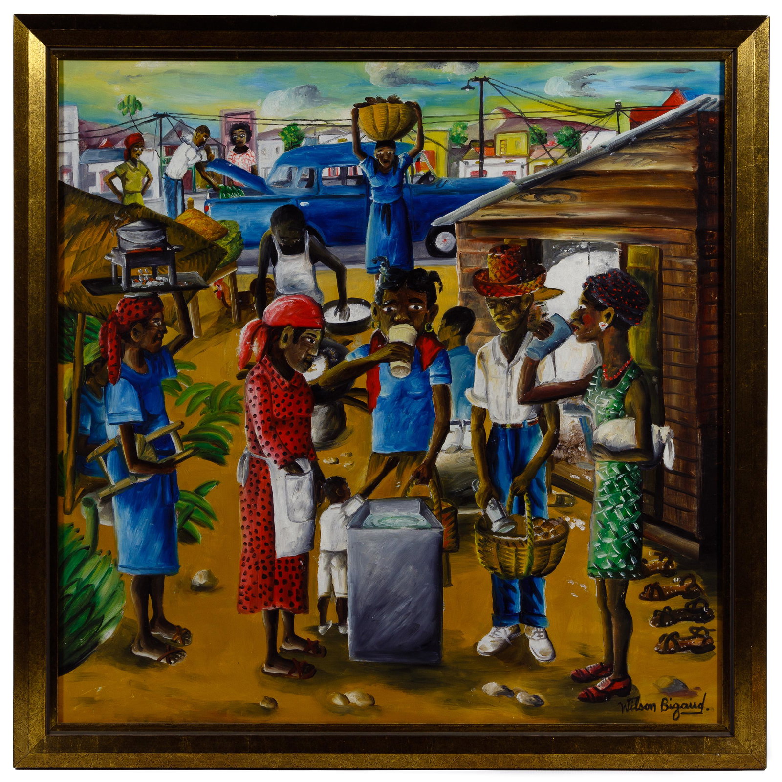 Wilson Bigaud (Haitian, 1931-2010) Oil on Panel: Wilson Bigaud (Haitian, 1931-2010) Oil on Panel Undated, signed lower right, depicting a brightly colored outdoor street gathering, housed in a gold frame; from an Oak Park, Illinois collector Conditi
