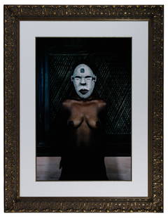 Leonce Raphael Agbodjelou (Beninese, b.1965): Leonce Raphael Agbodjelou (Beninese, b.1965) 'Demoiselles de Porto-Novo' Series C-Print 2012, unsigned, depicting a semi-nude woman wearing an African mask, matted in a gold tone frame under glass, #7