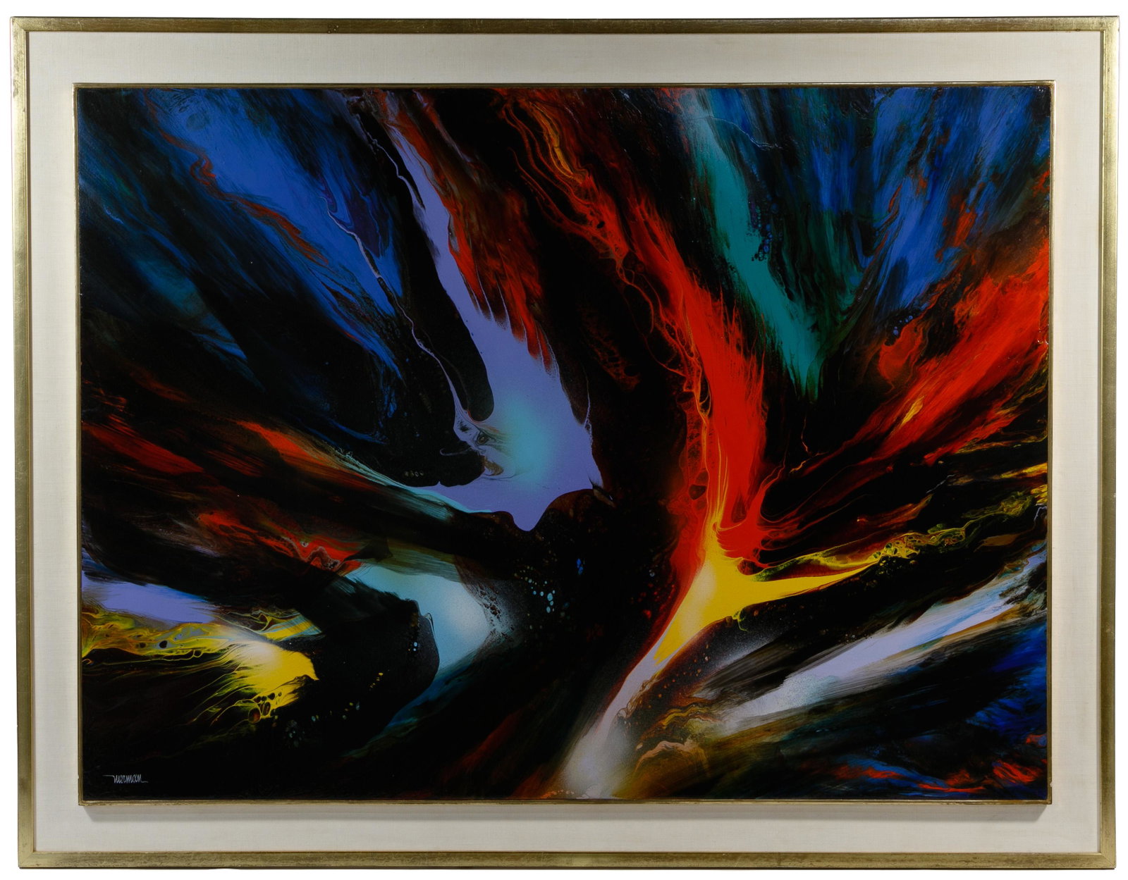 Leonardo Nierman (Mexican / American, b.1932): Leonardo Nierman (Mexican / American, b.1932) 'Solar Flame' Oil on Masonite Undated, signed lower left, depicting an abstract composition in red, yellow, blue and green against a black background, hou