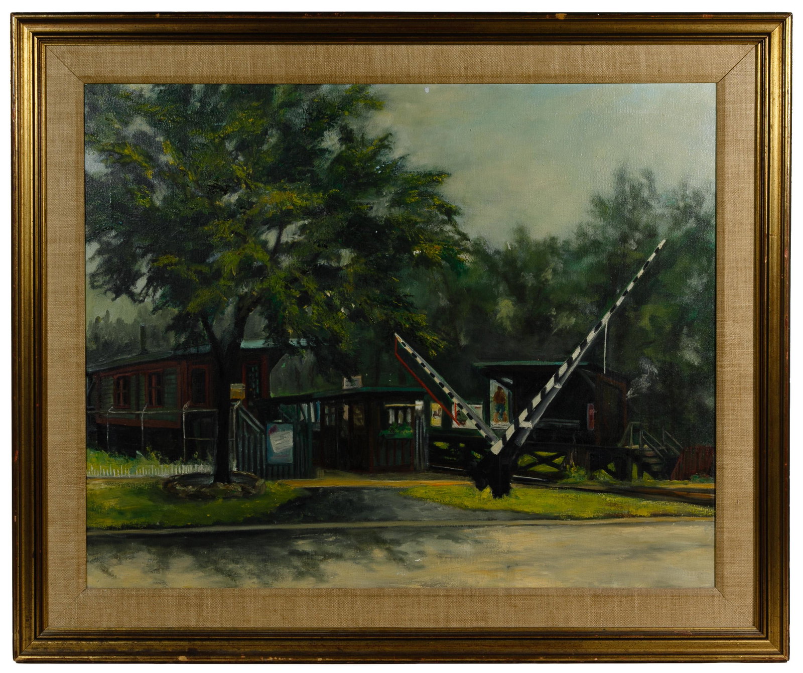 Unknown Artist (American, 20th Century): Unknown Artist (American, 20th Century) 'Train Station' Oil on Canvas Undated, unsigned, depicting a train station with crossing gates; illegibly numbered en verso; in gold frame Condition: Very Good,
