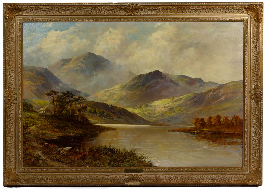 Campbell Scott (British, 1930-2013) Oil on Canvas: Campbell Scott (British, 1930-2013) Oil on Canvas Undated, signed lower left, depicting a thatch roof cottage, a river and mountainous landscape, brass artist plaque on bottom center, ornate distresse