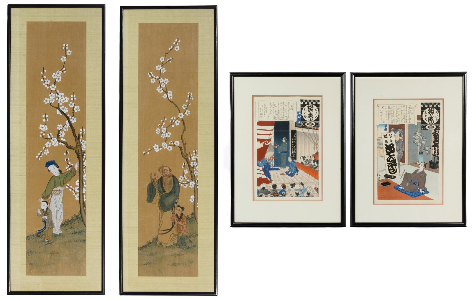 Japanese Artwork Assortment: Japanese Artwork Assortment Four items including two reproduction woodblock prints on embossed paper after Adachi Ginko from 'Annual Events of the Edo Theater' and 'Twelve Months of the Grand Kabuki T