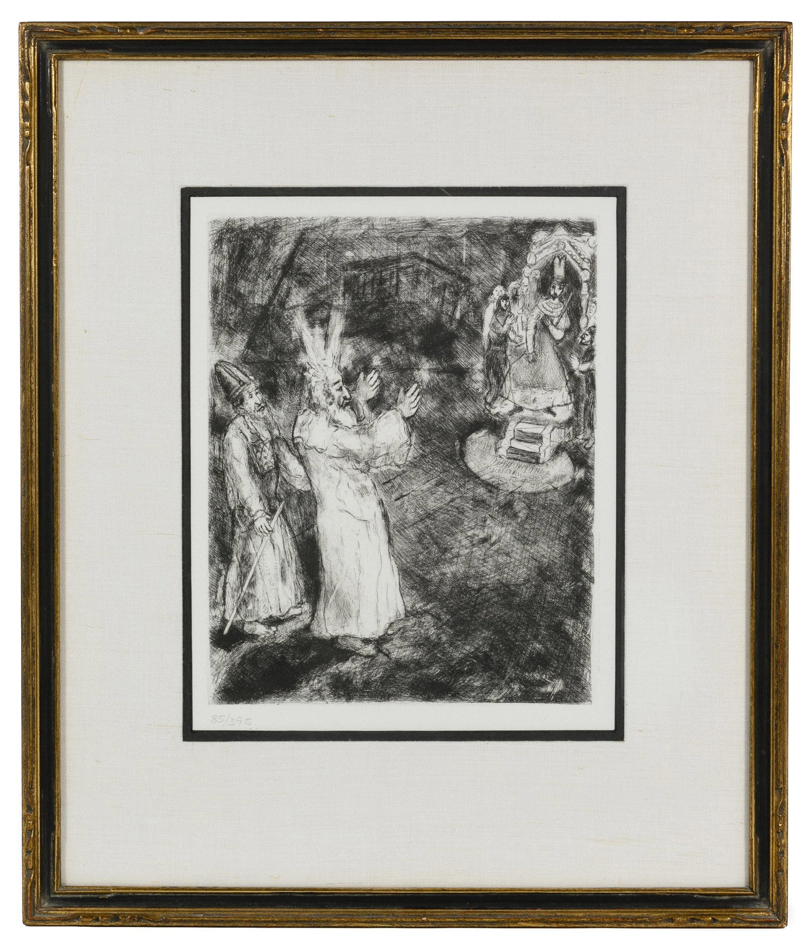 (After) Marc Chagall (Russian / French, 1887-1985): (After) Marc Chagall (Russian / French, 1887-1985) 'Moses and Aaron Before The Pharoah' Etching Undated, unsigned, #85/395 lower left, depicting two male figures approaching another group of figures a