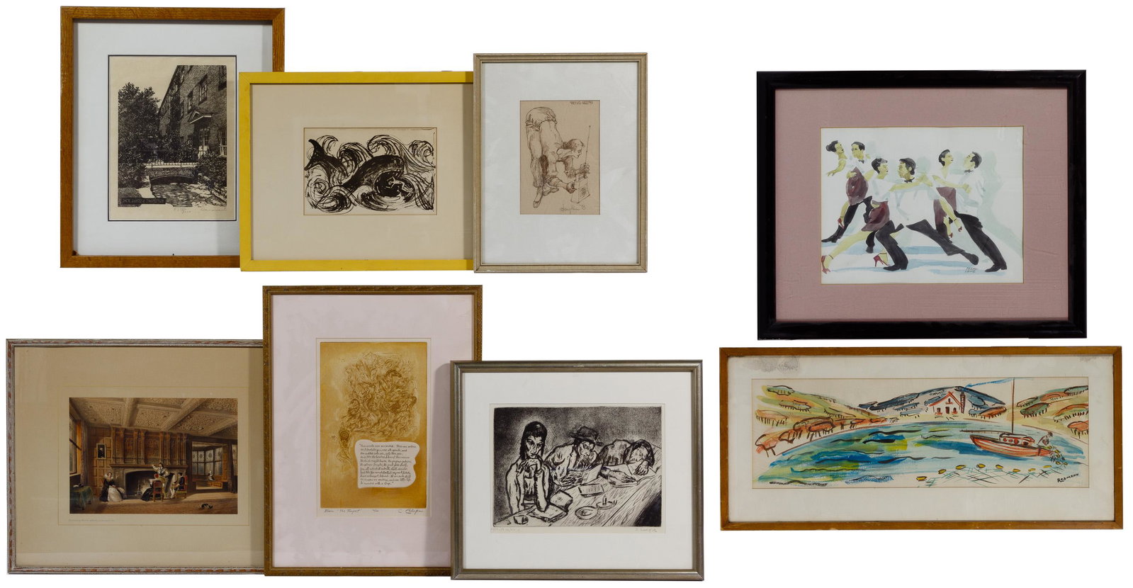 Watercolor, Etching and Print Artwork Assortment: Watercolor, Etching and Print Artwork Assortment (8) items including watercolor on paper depicting tango dancers, signed 'Frank Lowe' lower right; watercolor on paper depicting fisherman and a village